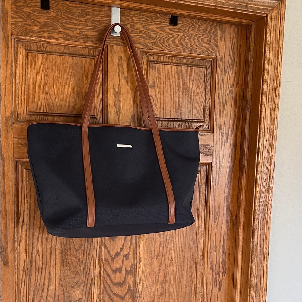 Let it be Large Blue Tote with Brown Handles